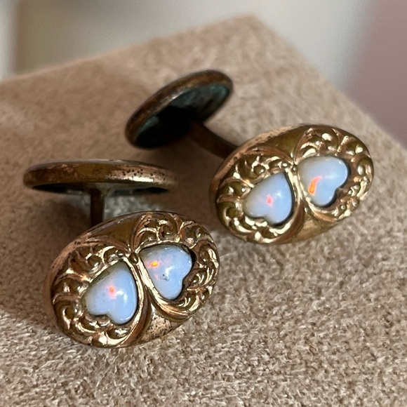 Antique Victorian Rolled Rose Gold Art deco double Opal Heart Cuff links - Picture 3 of 16